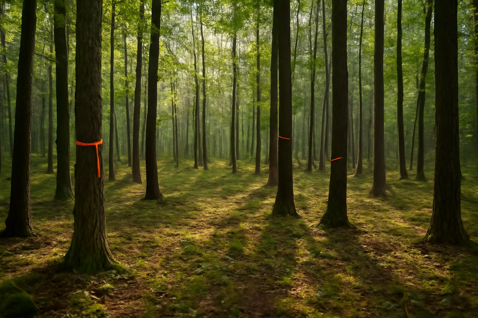 Sunlit woodlot with flagged timber trees illustrating tree farm tax deductions topic