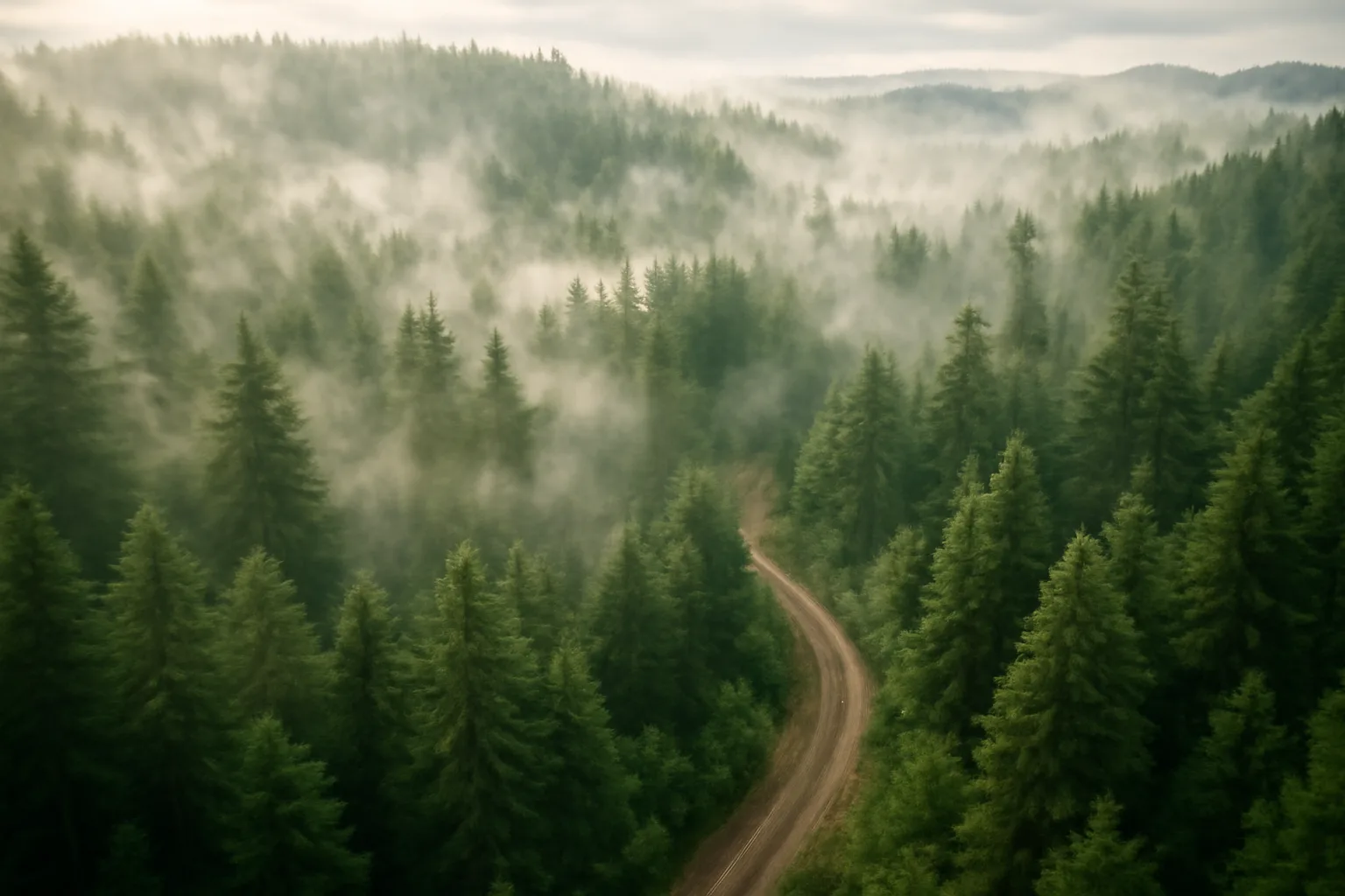 Aerial view of managed Douglas-fir forest in Washington with logging road
