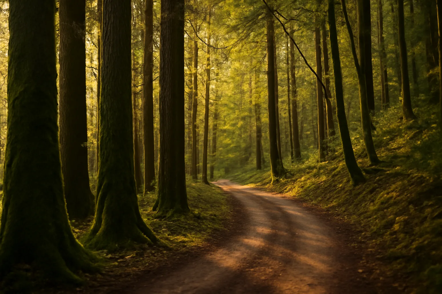 Sunlit forest road through fir and alder trees on a Washington woodlot hillside