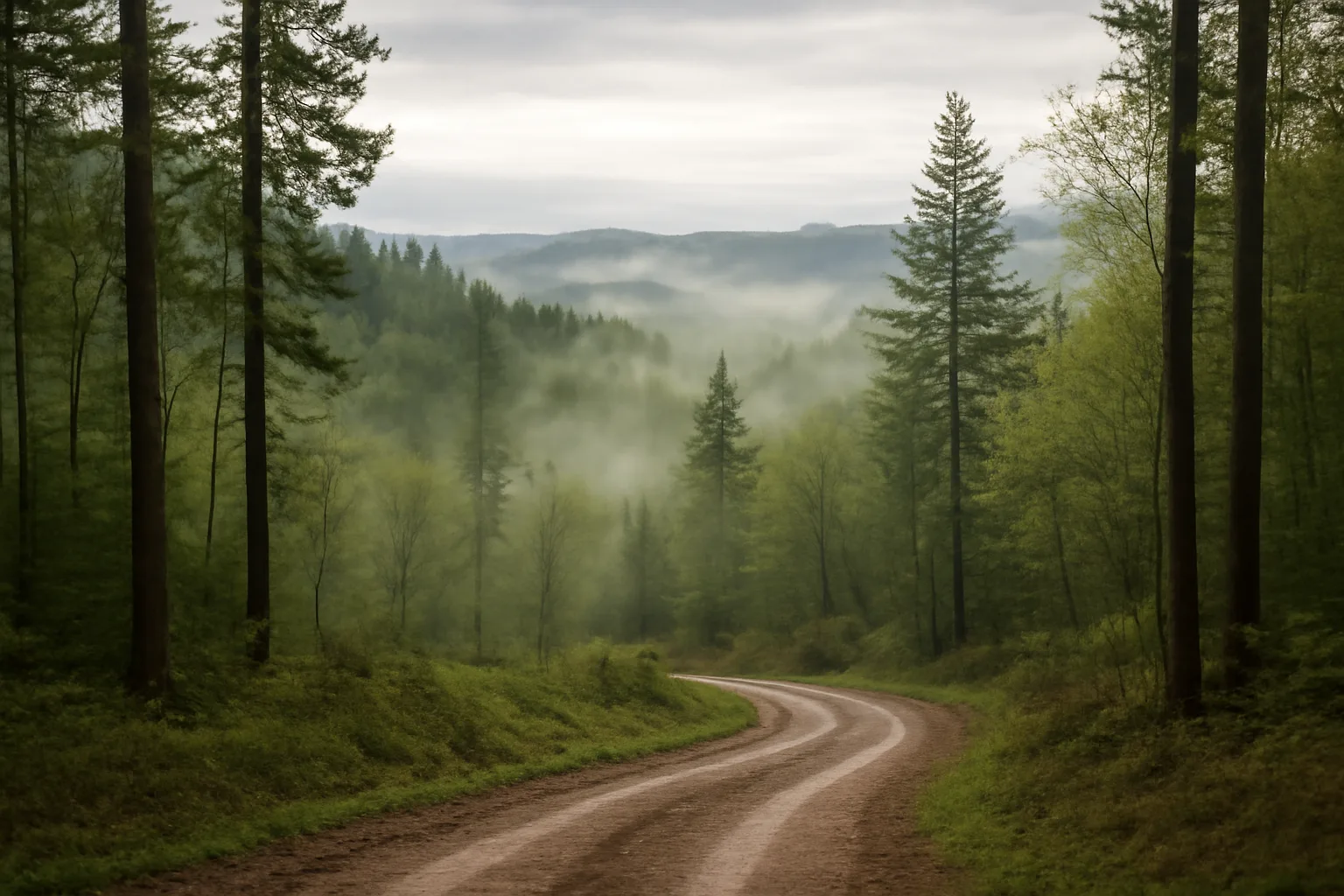 Misty Pacific Northwest woodlot with dirt road, illustrating a Washington forest management plan area