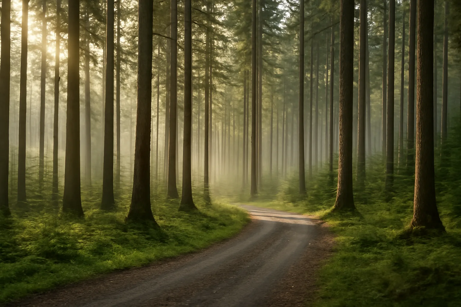 Sunlit Douglas fir forest access road in a Washington managed timber stand