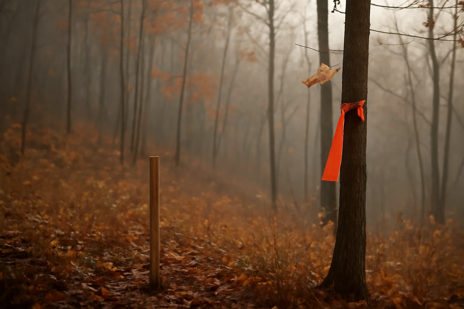 Wooded hillside with a flagged survey tree, illustrating current use tax status enrollment