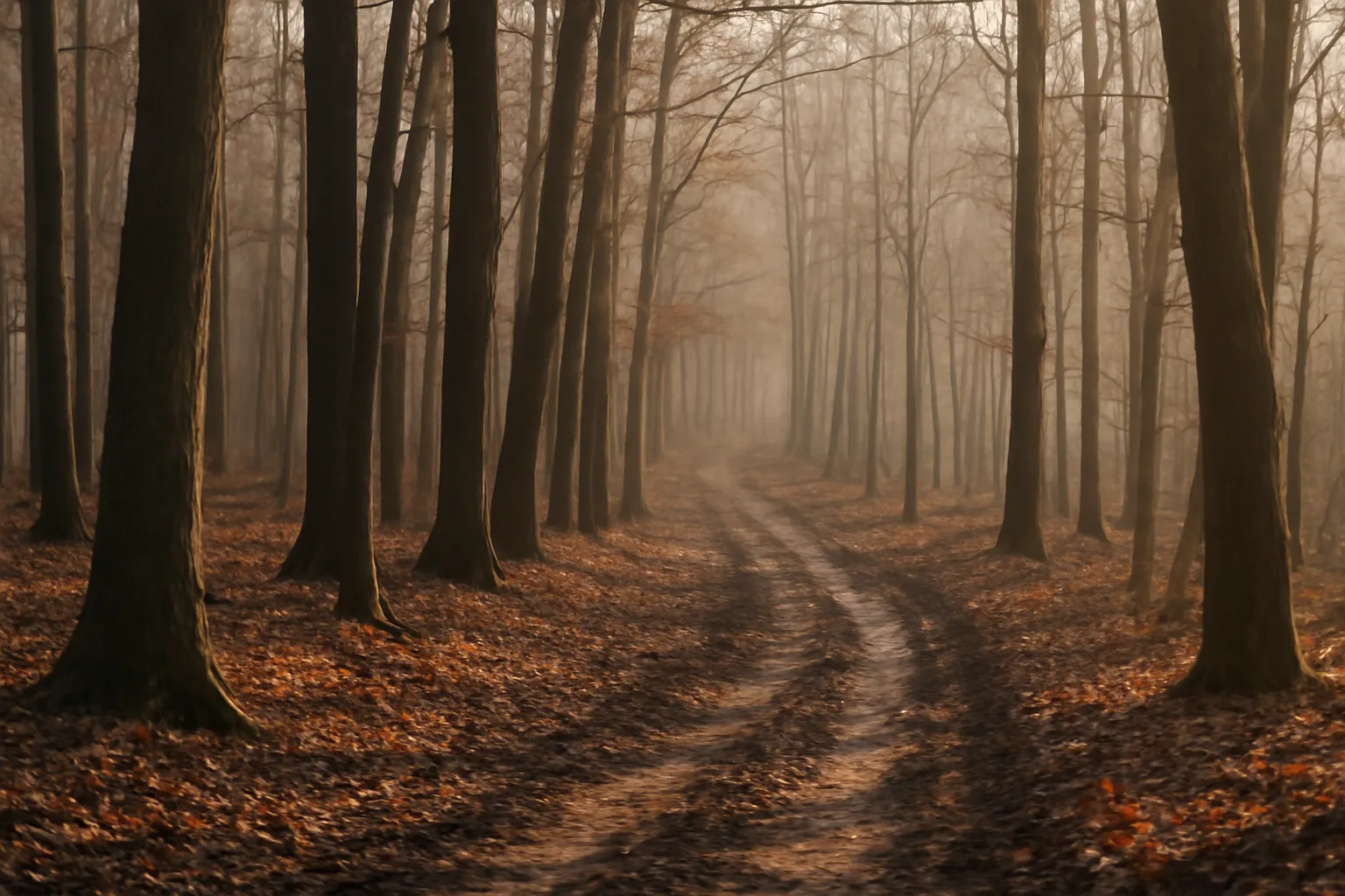 Wooded hillside with a forestry skid trail cutting through autumn hardwoods