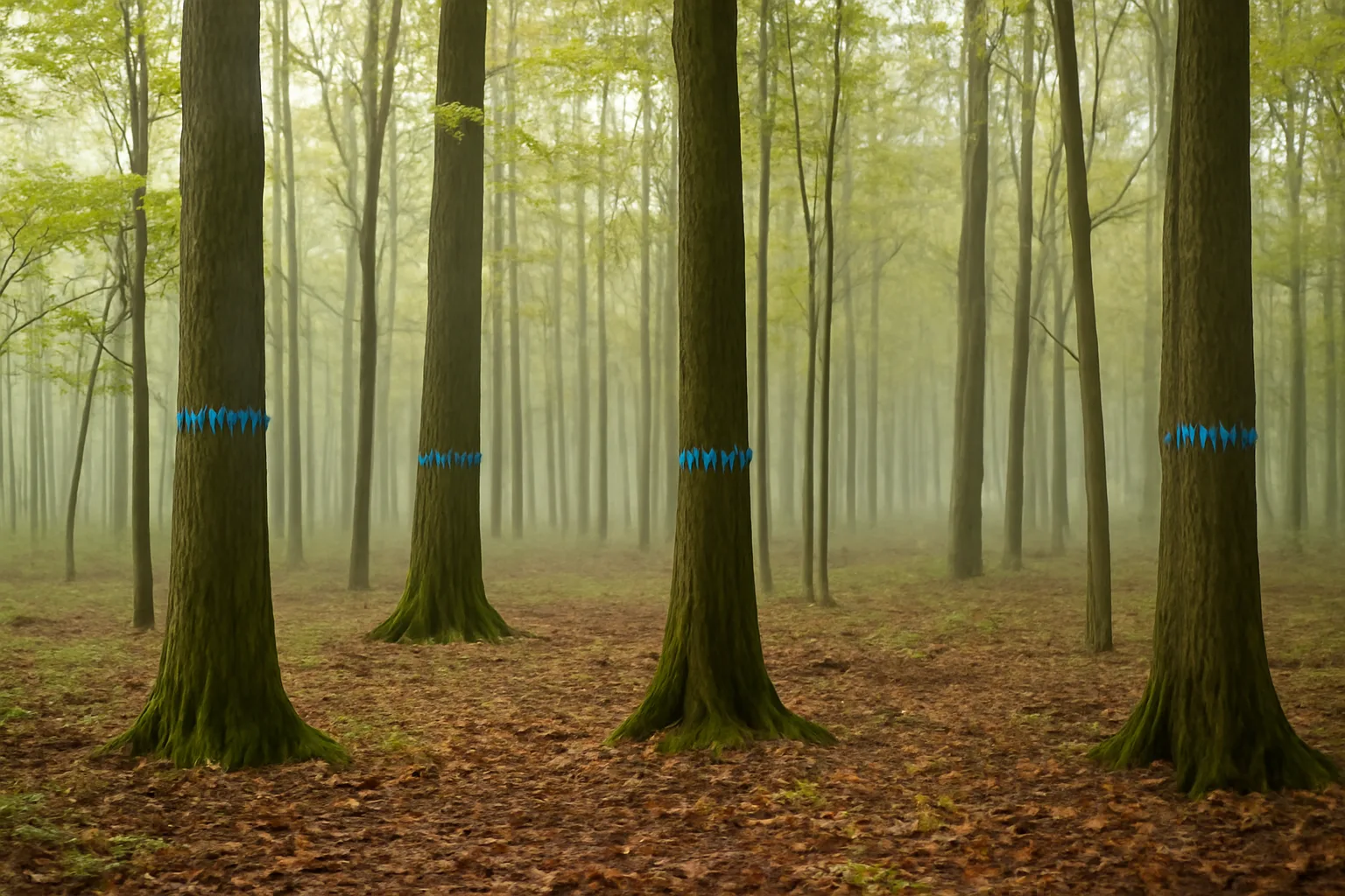 Mixed hardwood forest with blue paint boundary marks showing active forest management on the trees