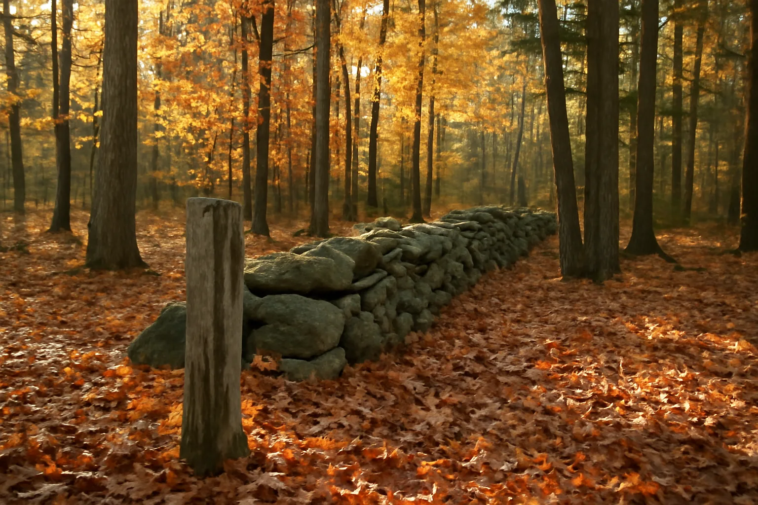 Sunlit New Hampshire forest with stone wall, illustrating current use tax woodland