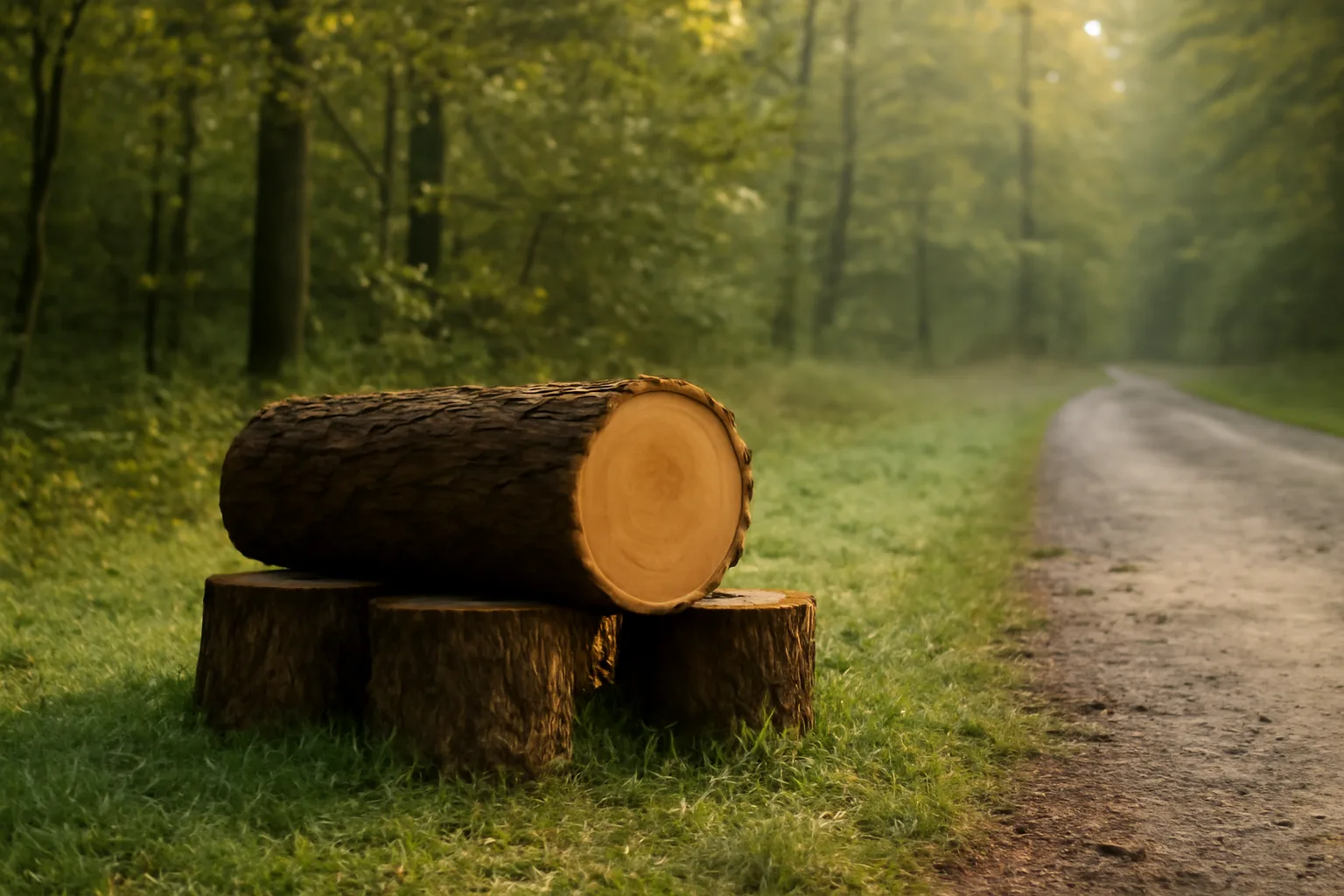 Freshly cut timber logs on a woodland harvest site at dawn
