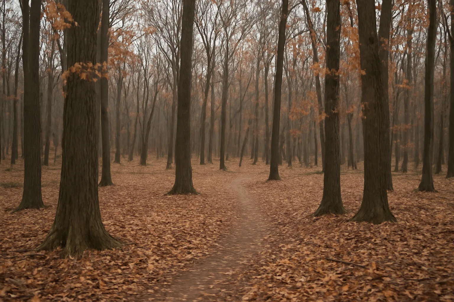 Wisconsin mixed hardwood forest in autumn with oak and maple trees and deer trail
