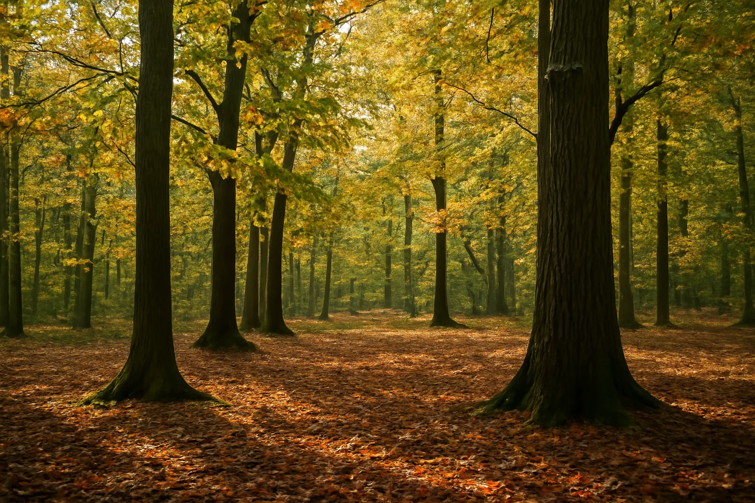 Mature hardwood forest interior showing mixed canopy and natural understory in autumn light