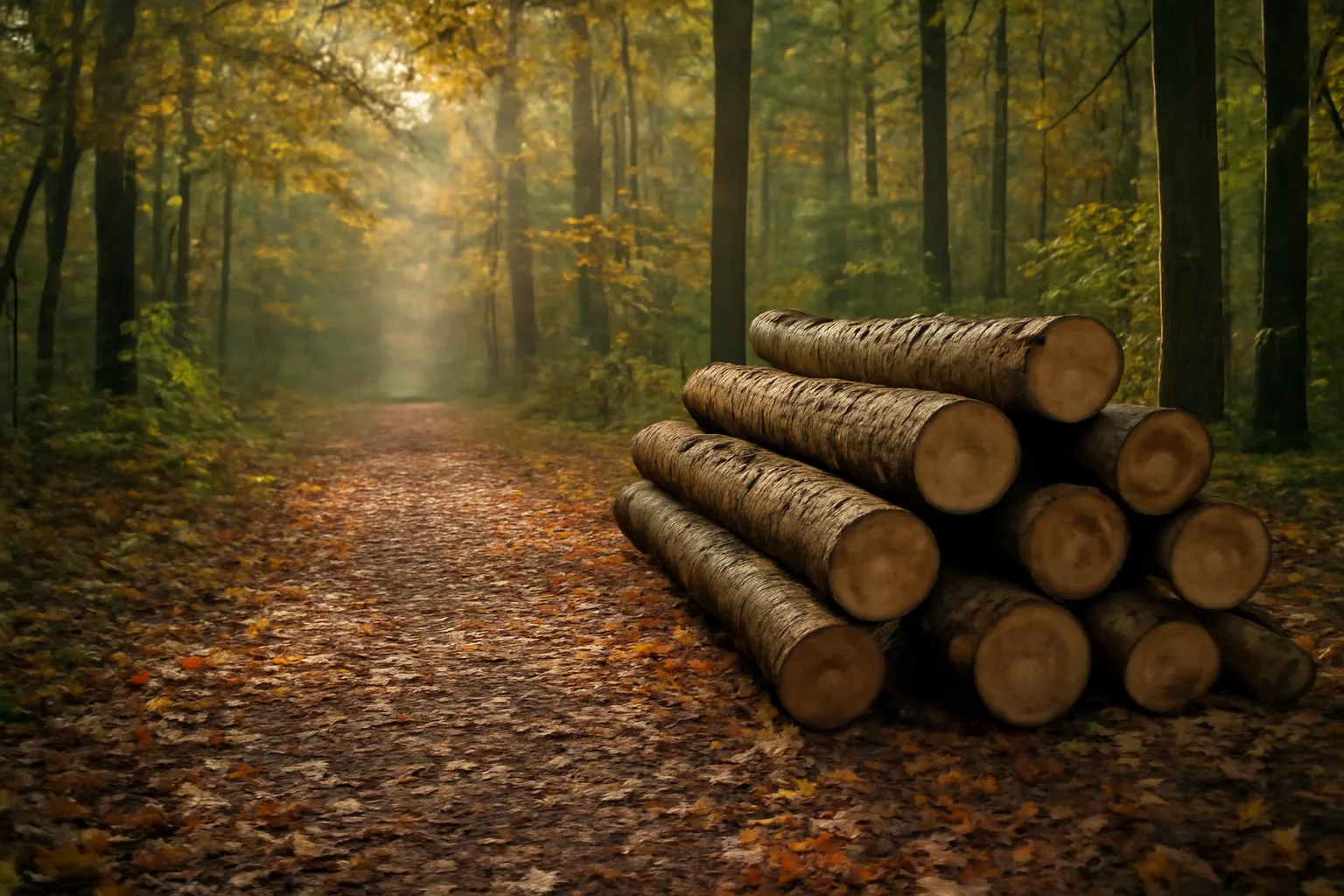 Cut timber logs stacked at the edge of a wooded property showing woodland tax context
