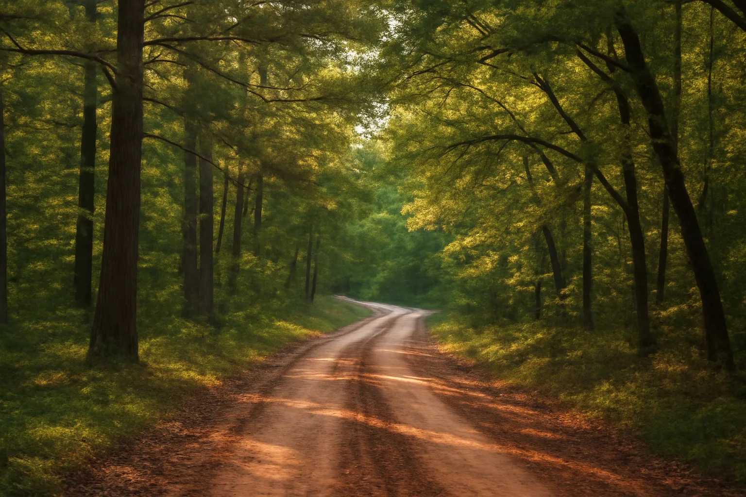 Pine and hardwood forest interior with gravel road in The Woodlands area Texas