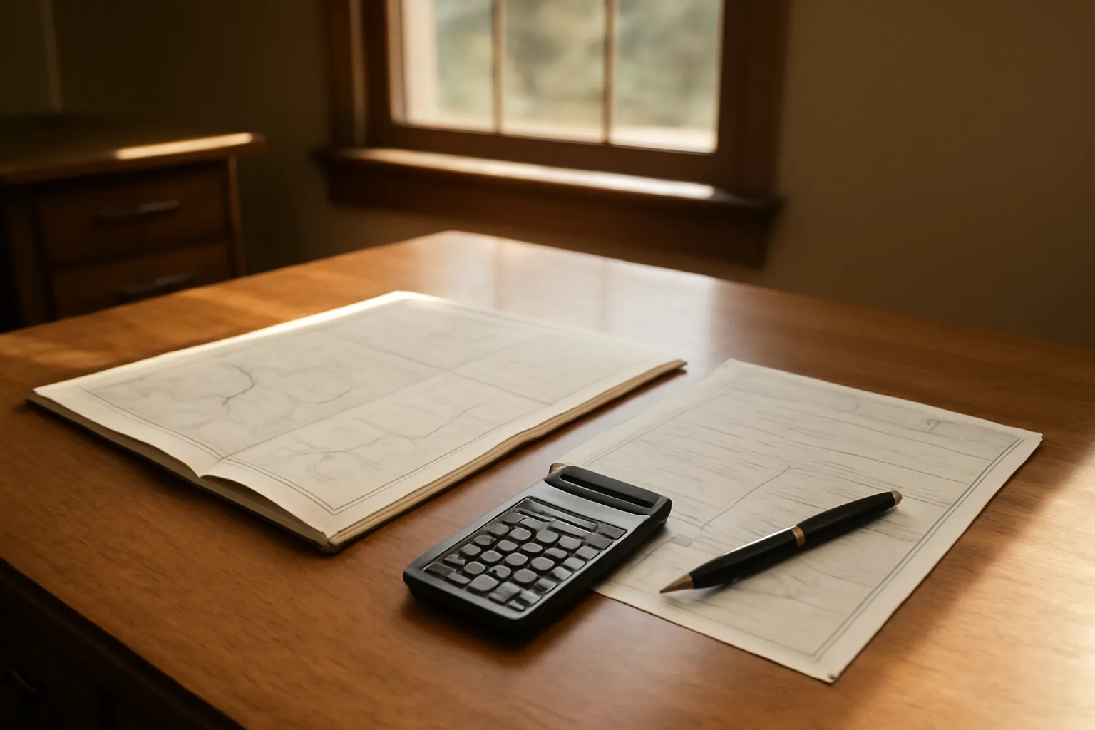 County property tax record and parcel map on assessor's desk with calculator and pen