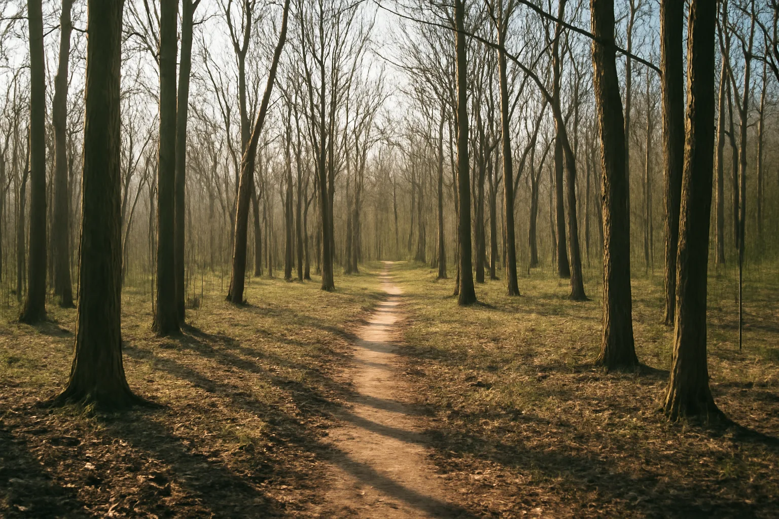 Sunlit hardwood woodlot on sloped land, illustrating woodlands property tax and current-use forestland