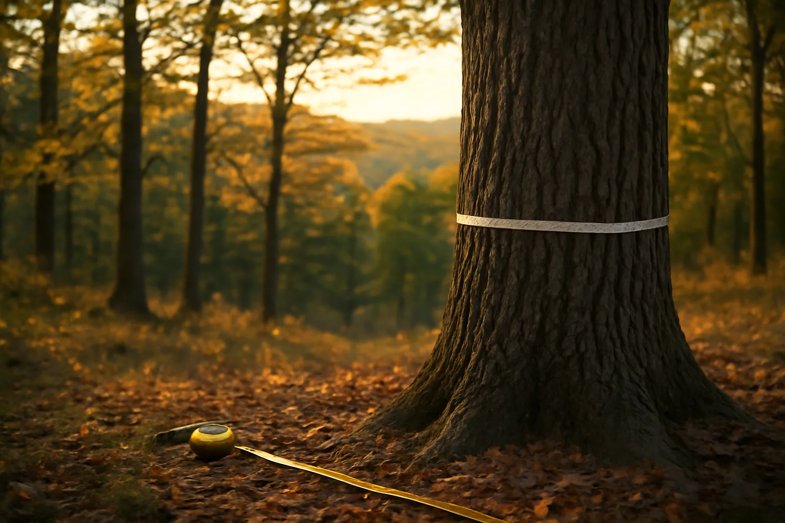 Sunlit hardwood forest with a diameter tape wrapped around a large tree trunk