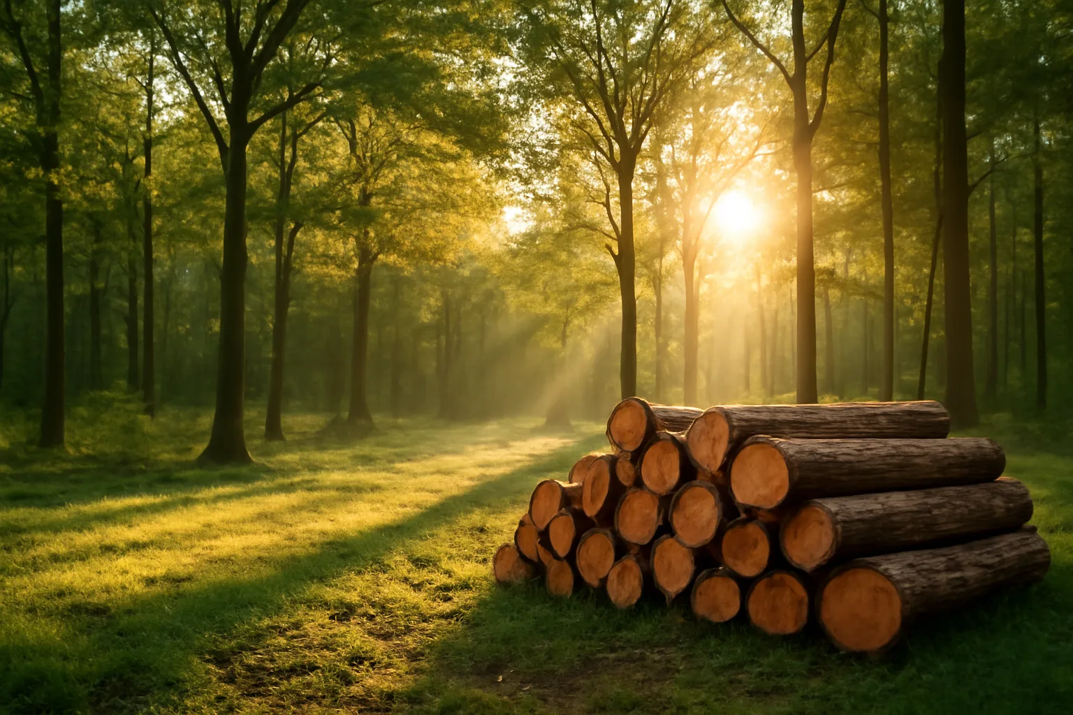 Stacked timber logs at the edge of a wooded Illinois clearing in morning light