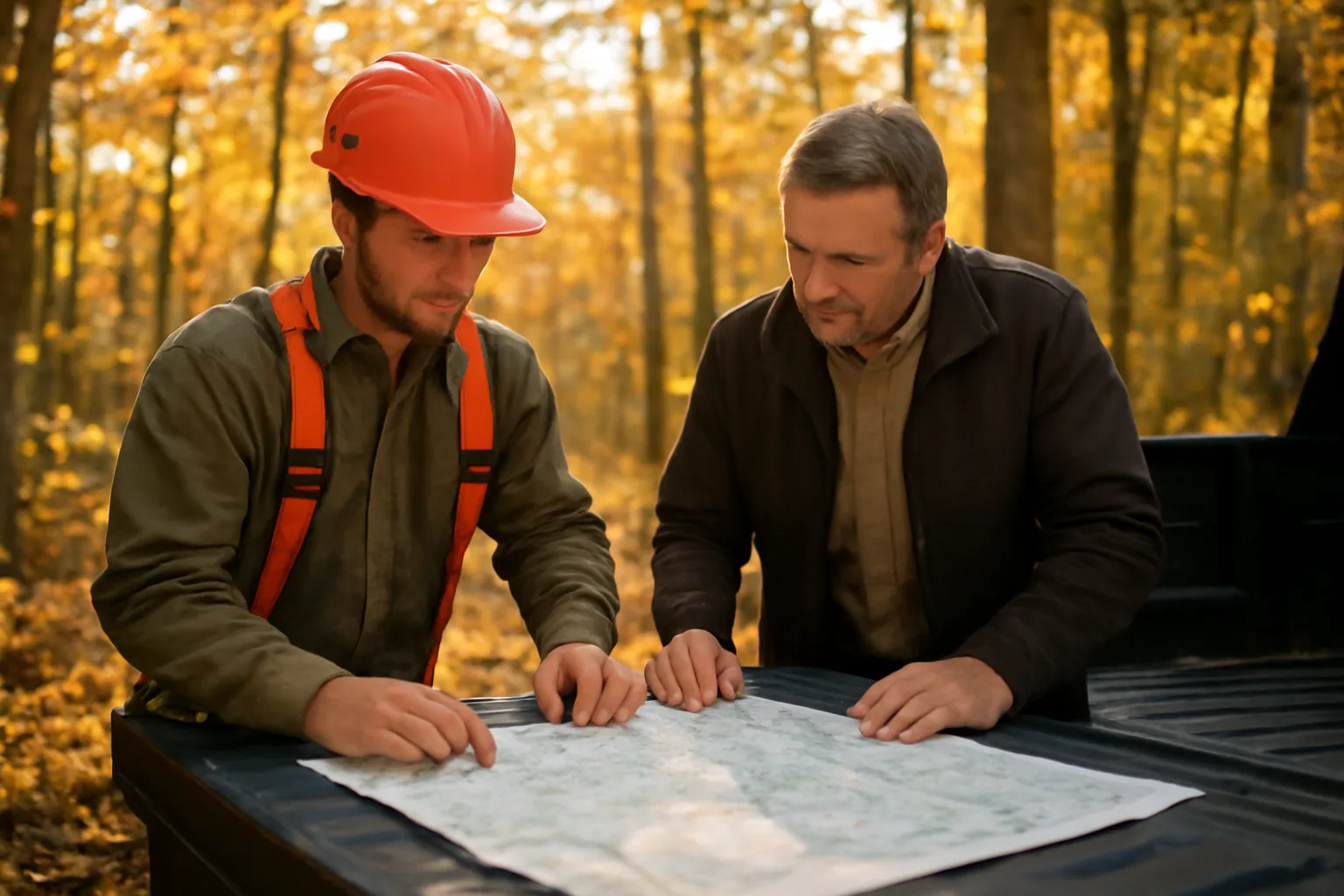 Landowner and logger reviewing a timber sale map at a truck tailgate in autumn woods