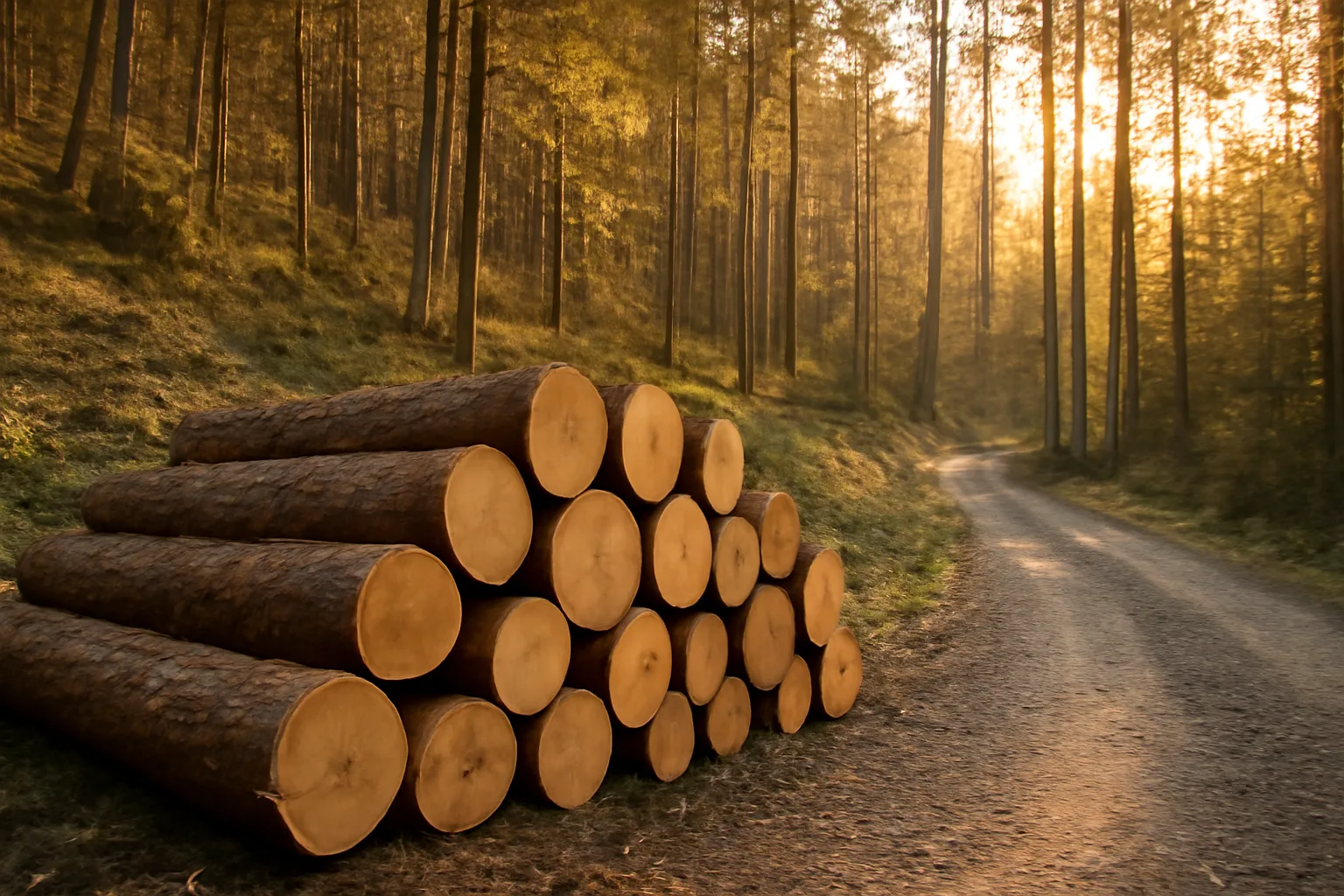 Stacked cut logs on a forest access road after a timber harvest at sunset