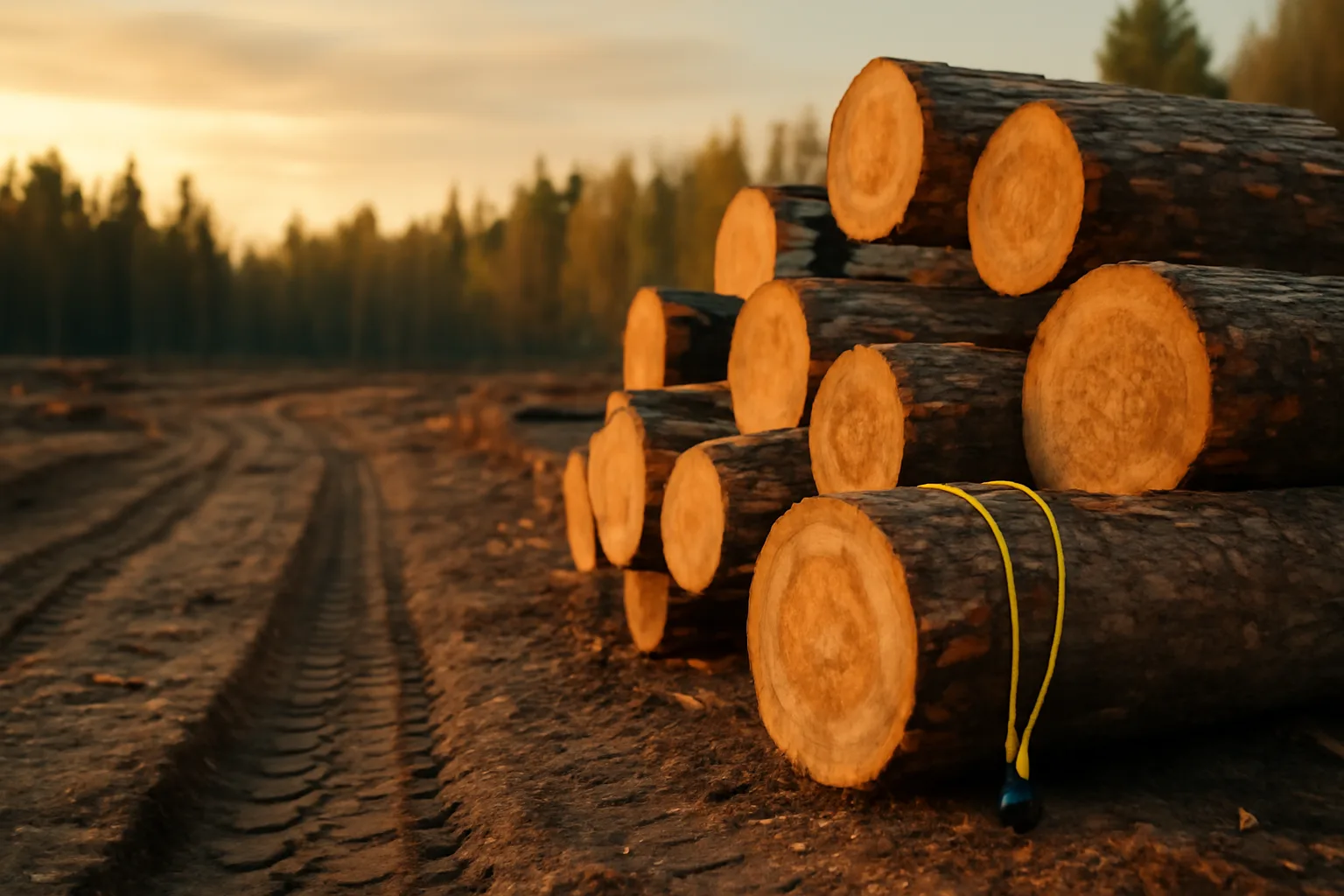 Stacked hardwood logs at a forest landing after a timber harvest at dusk