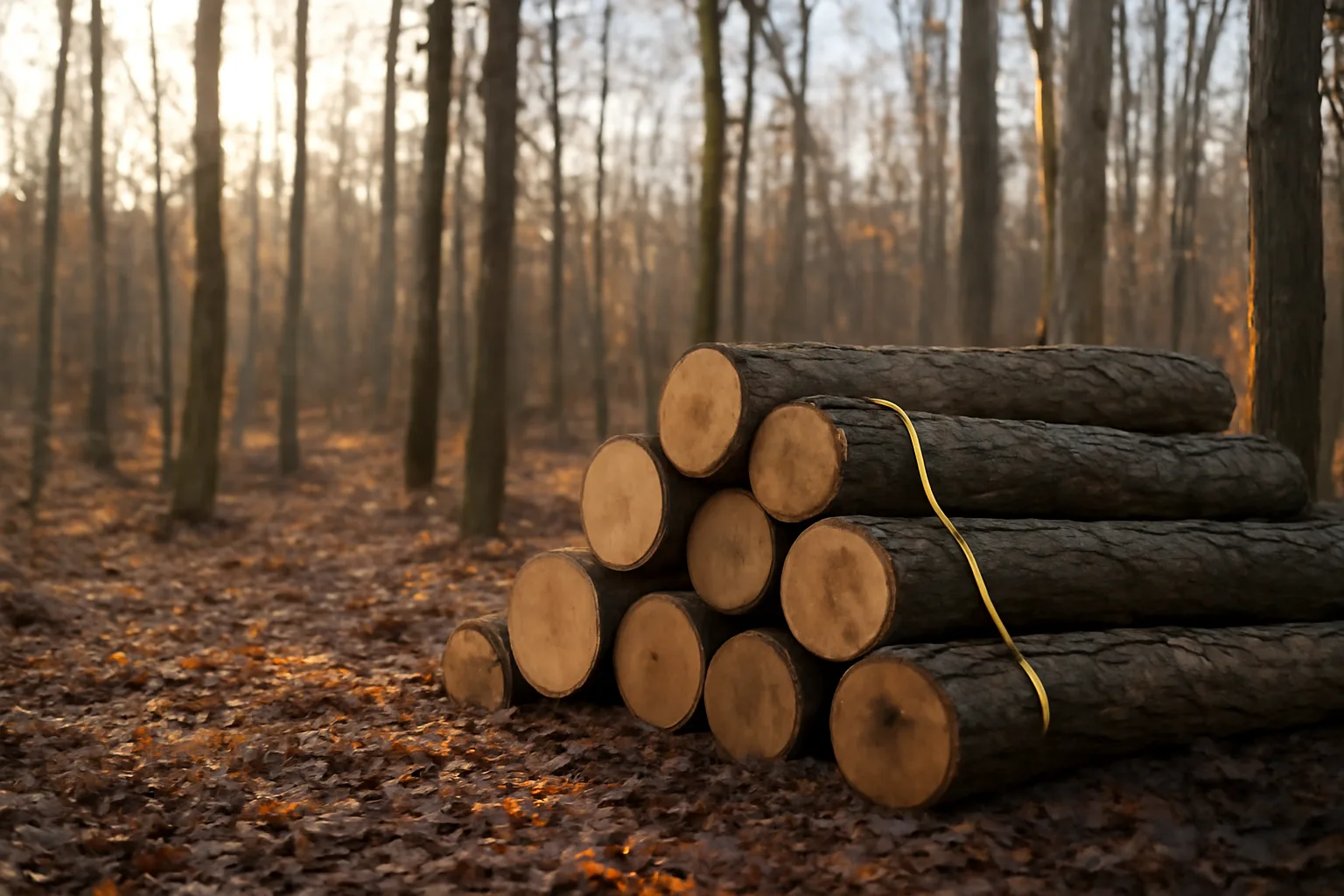 Stacked felled timber logs at a woodlot edge illustrating timber cutting income taxation