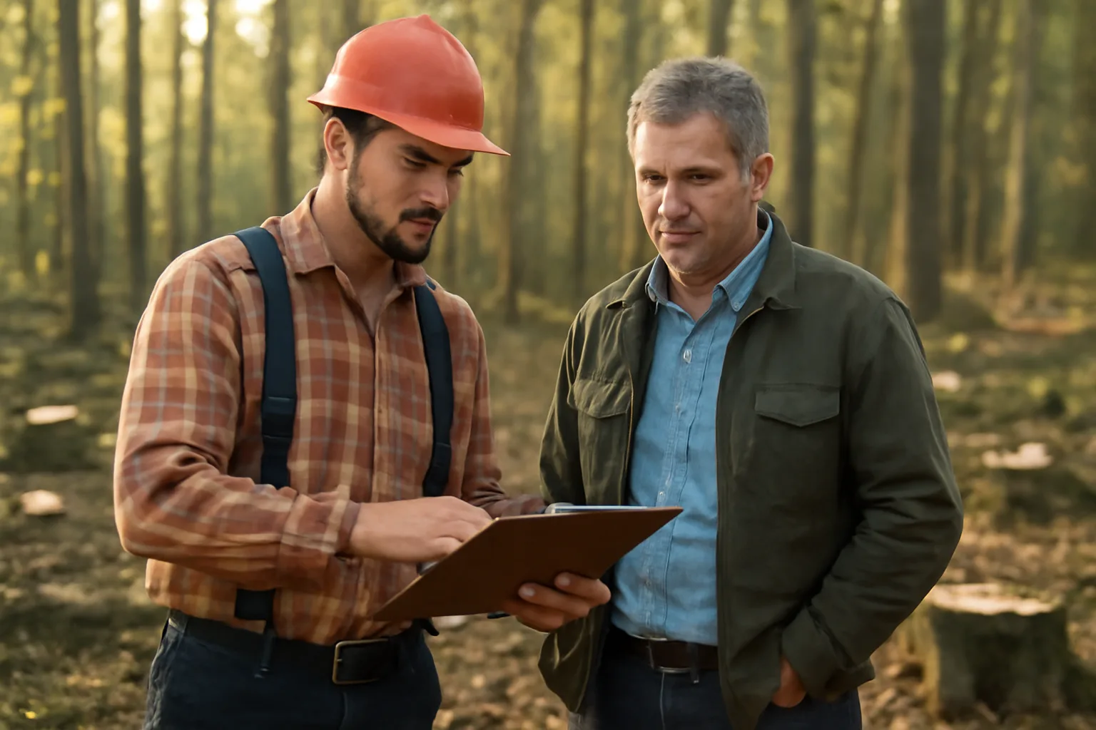 Landowner and forester reviewing timber cruise notes before a timber sale in wooded acreage