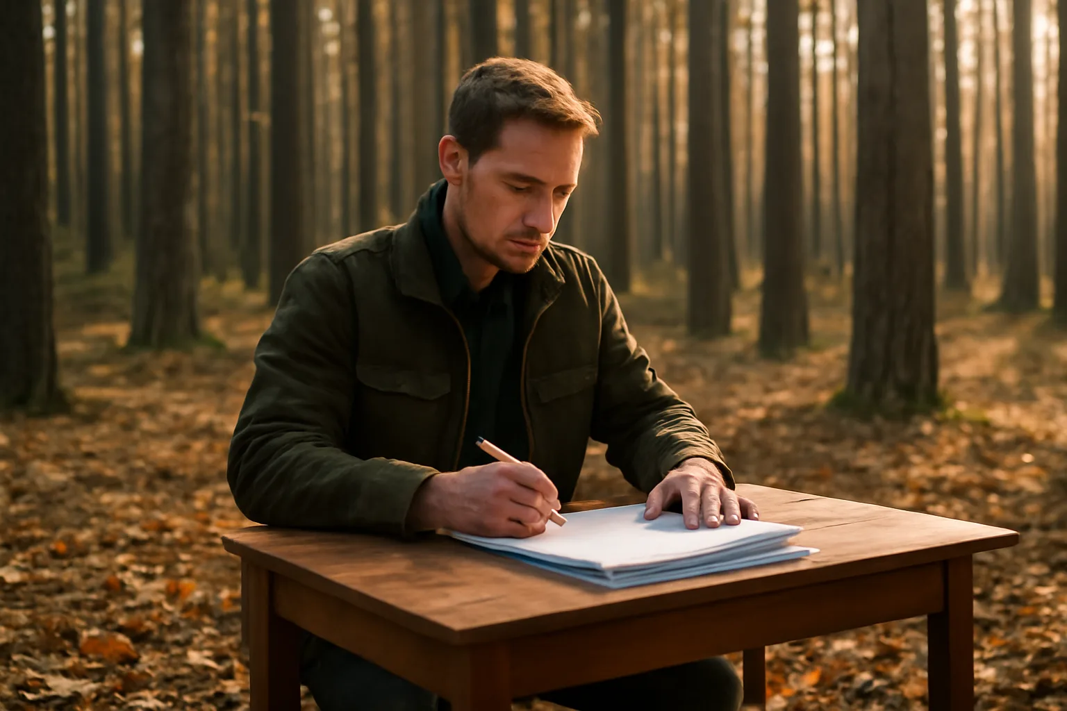 Woodland owner reviewing timber sale paperwork outdoors in a forested setting