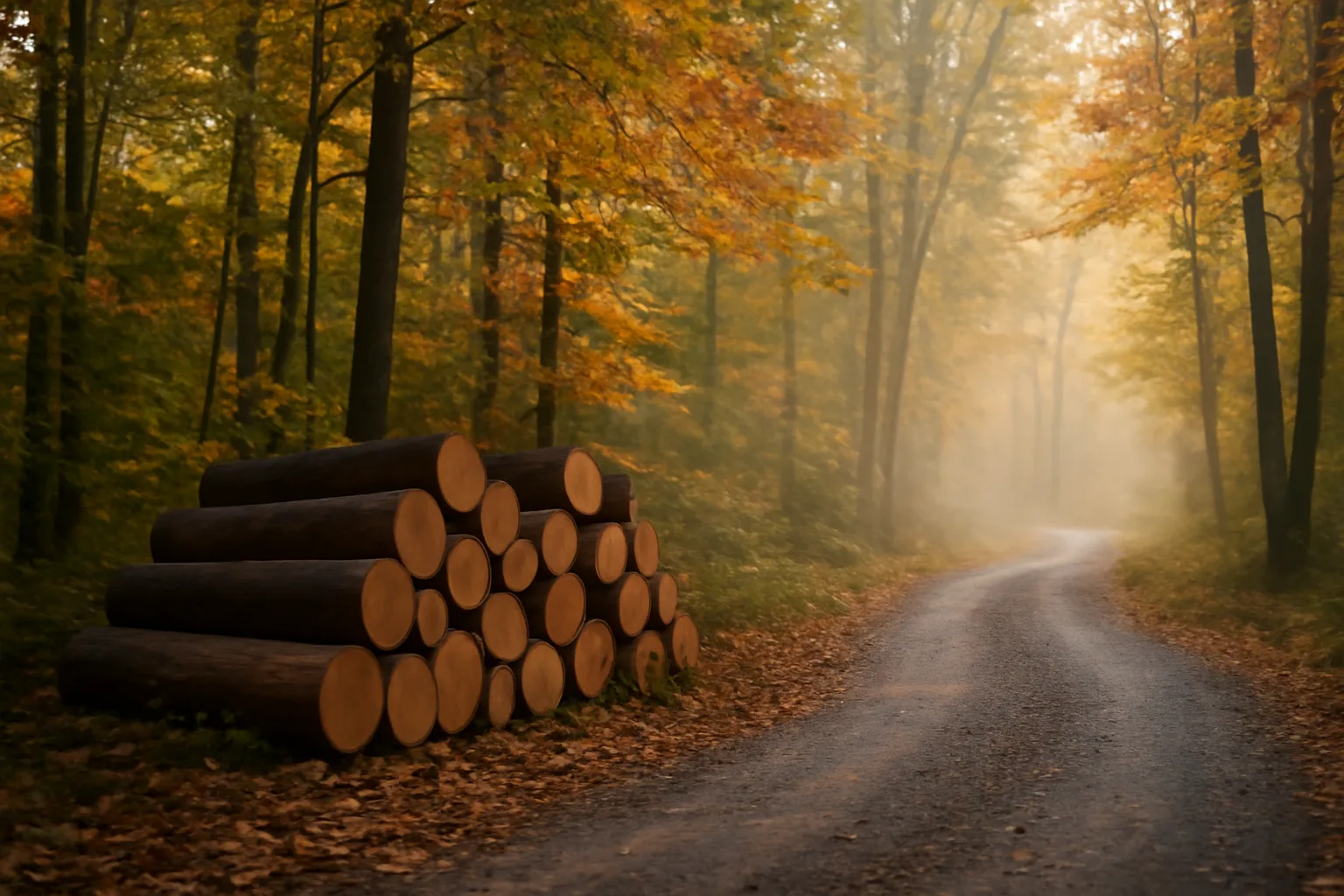 Sunlit wooded hillside with cut logs beside a forest road