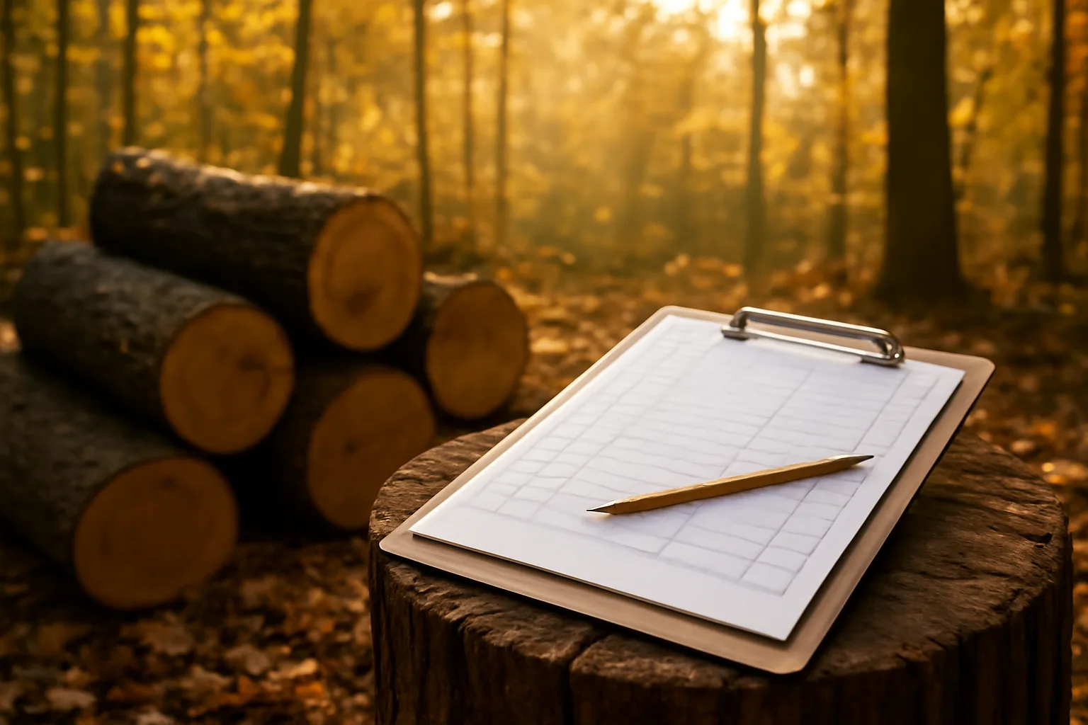 Freshly cut timber logs stacked in an autumn forest after a harvest