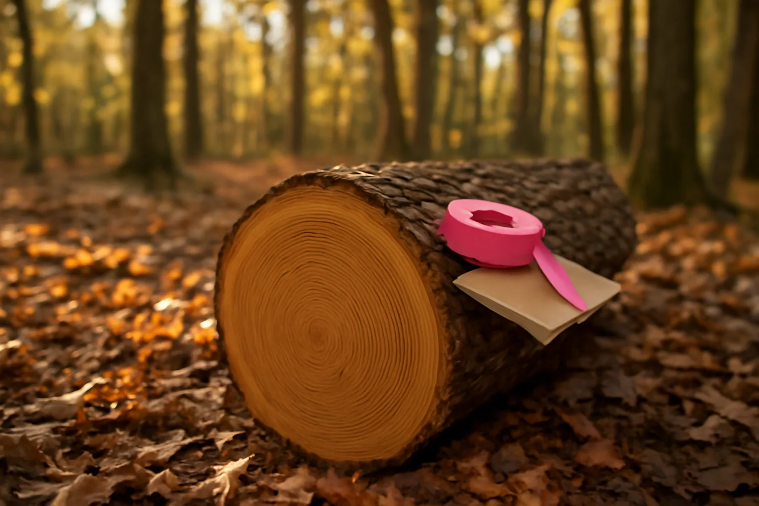 Freshly cut oak log with growth rings visible, notebook and flagging tape, hardwood forest background