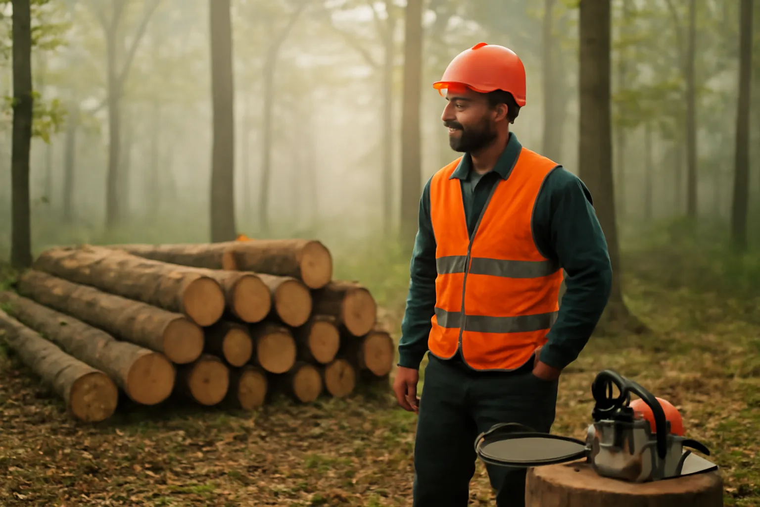 Forester inspecting log deck after timber harvest in hardwood forest