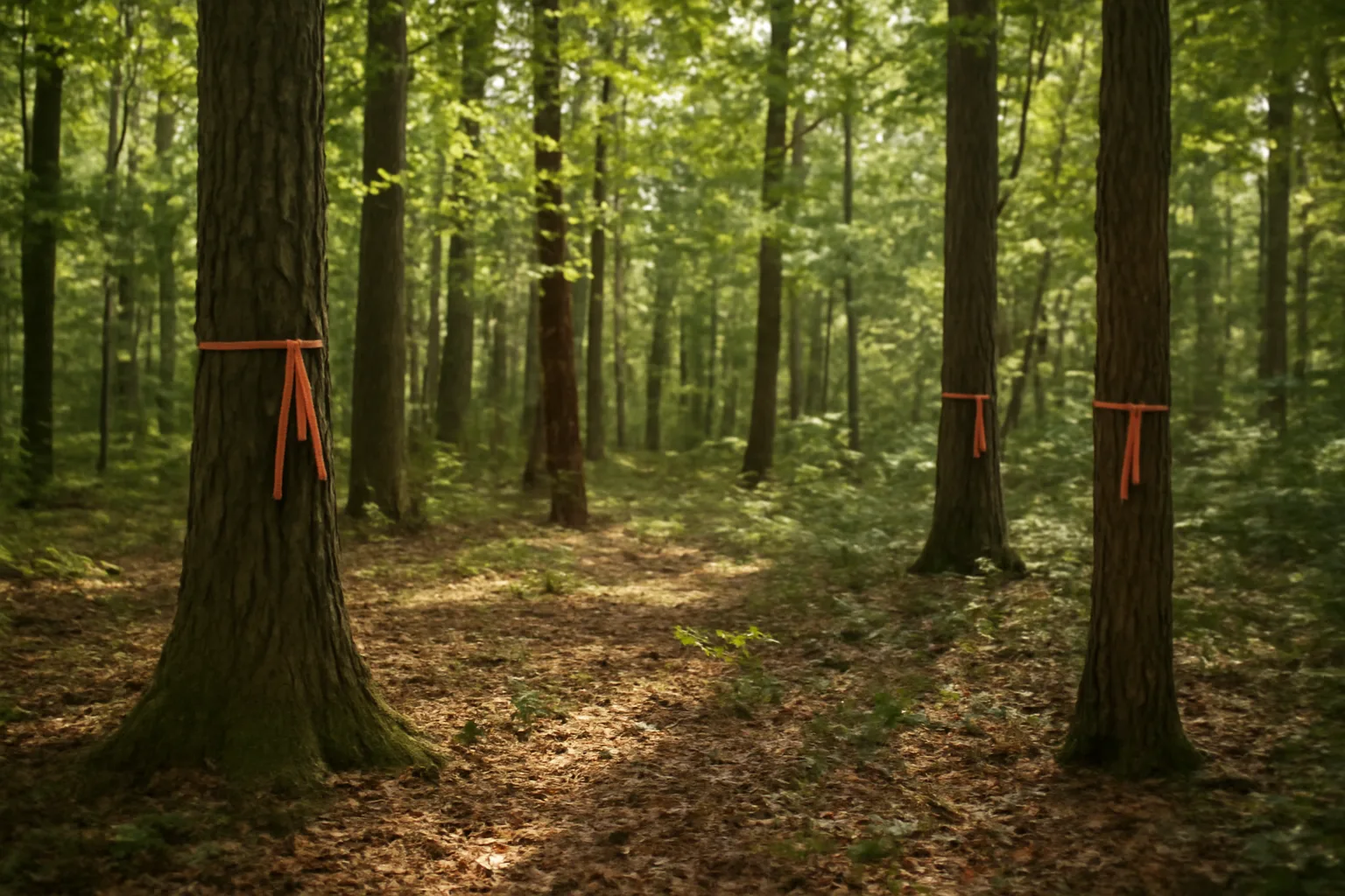 Forest property with mature timber and boundary markers in afternoon light