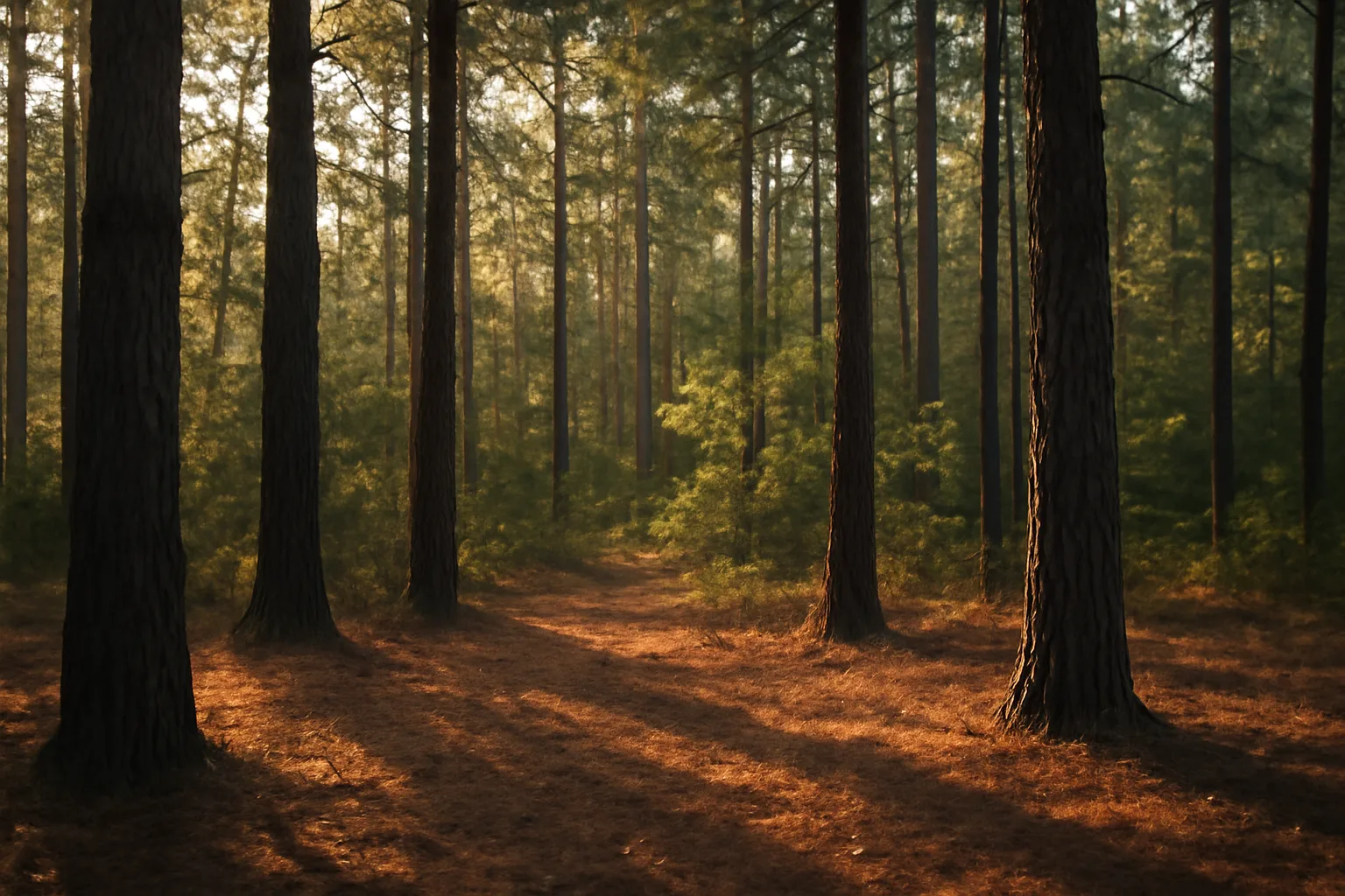 Sunlight through pine forest in Texas woodland property
