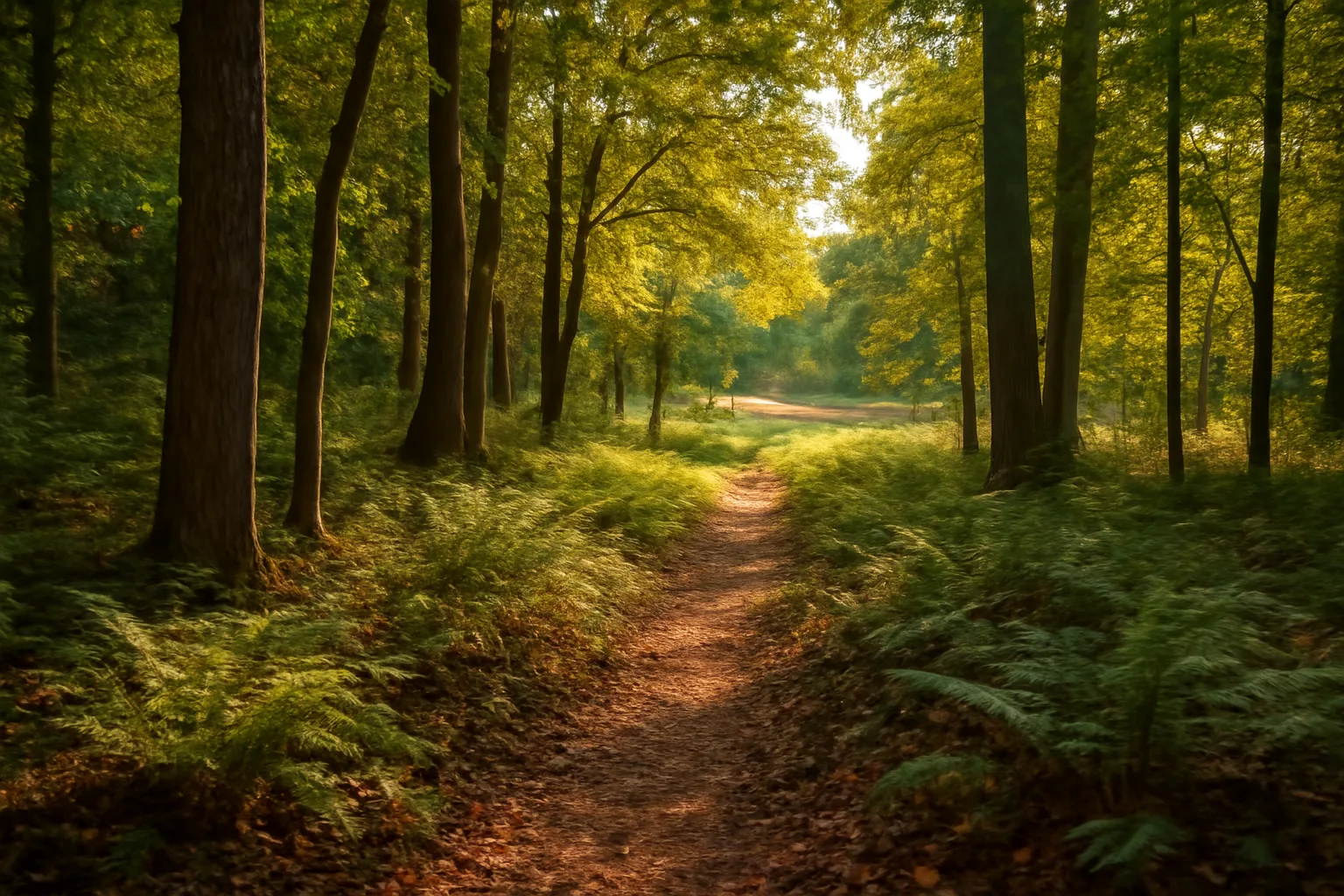 Mixed hardwood and pine forest with afternoon light and forest floor detail