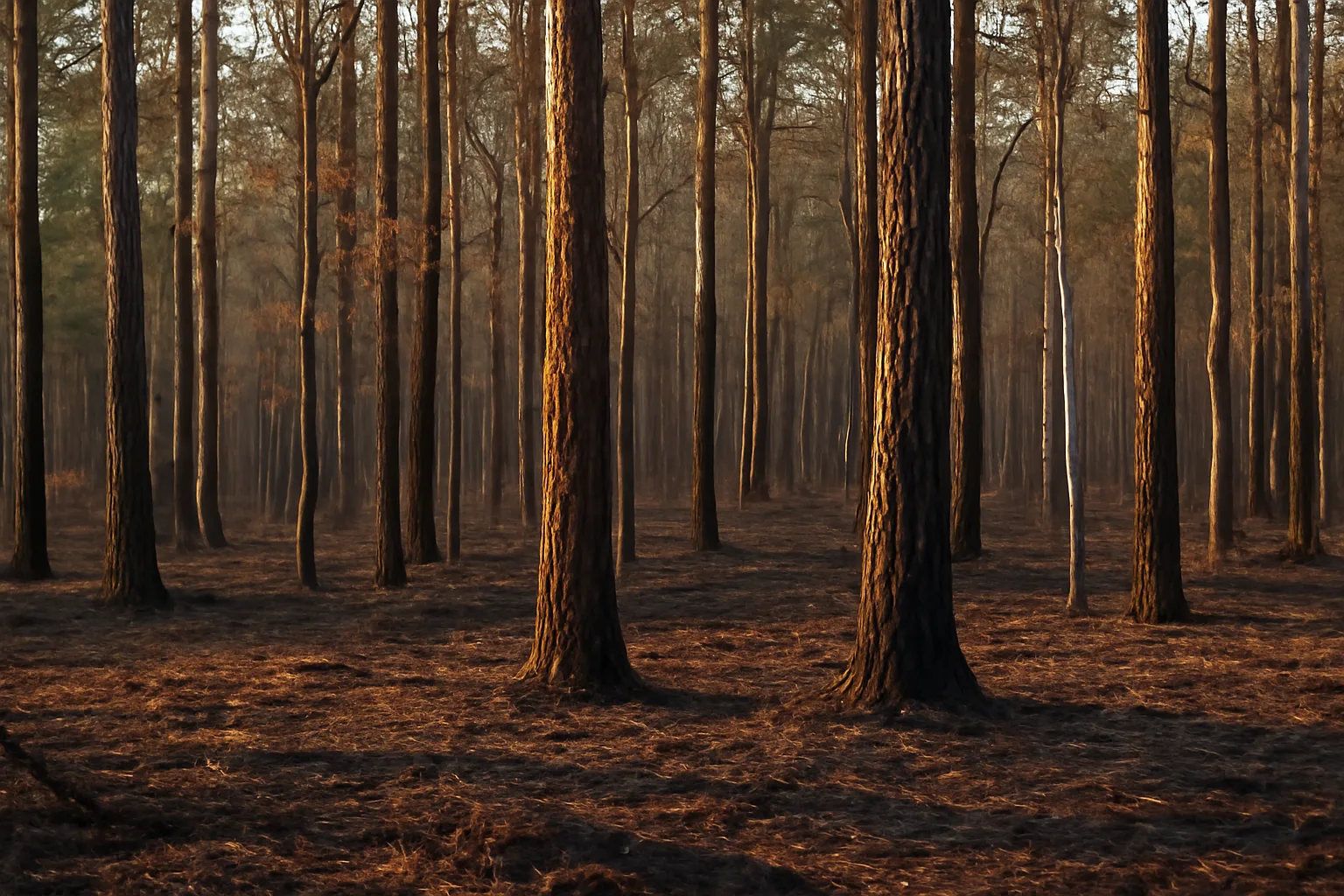 East Texas pine-hardwood forest after prescribed burn showing mature timber and cleared understory