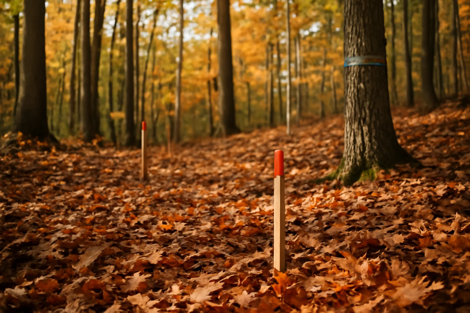 Forest floor with survey stakes marking timber sale boundary in autumn woods