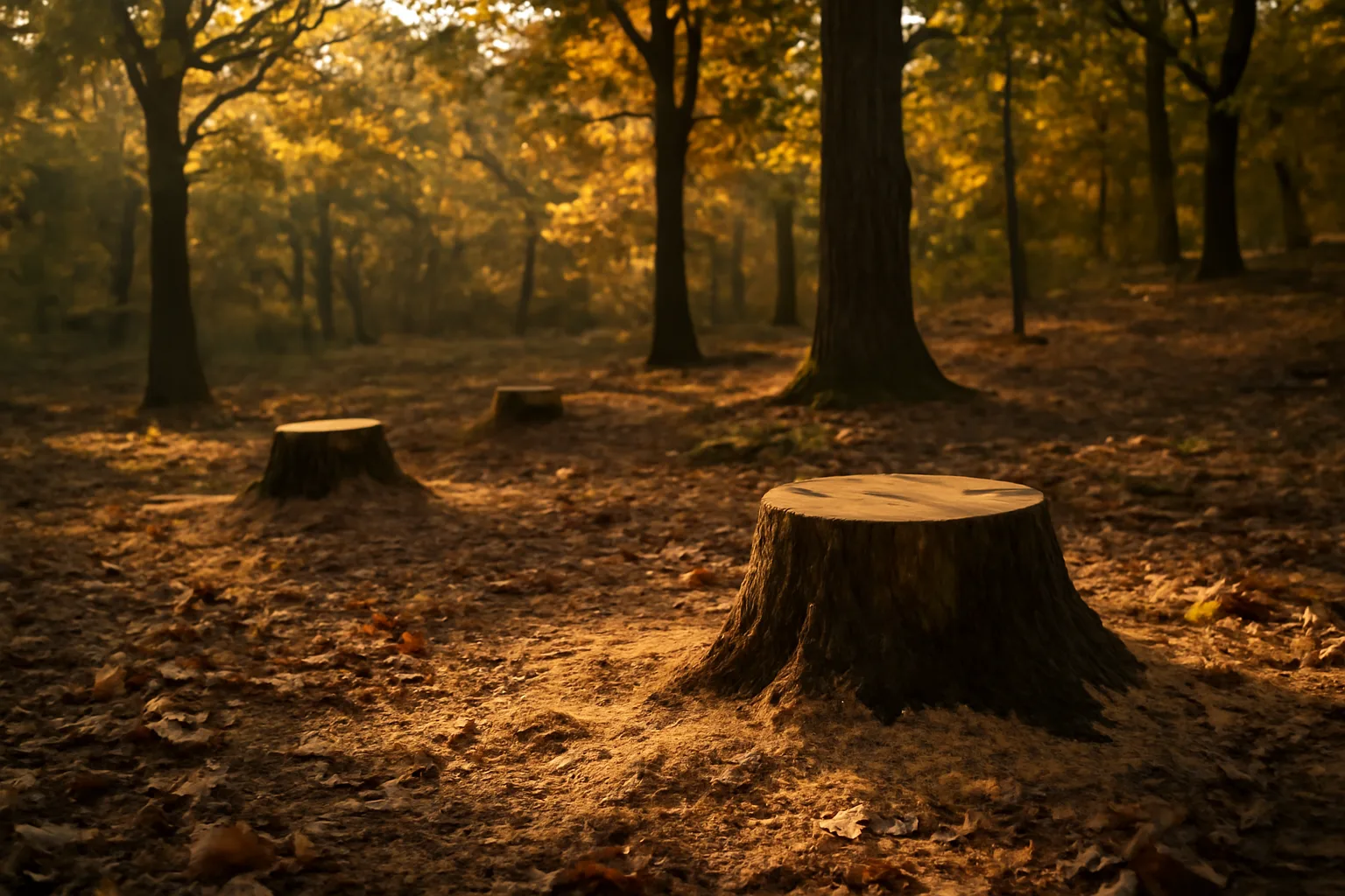Freshly cut oak stumps in deciduous woodland showing timber harvest site