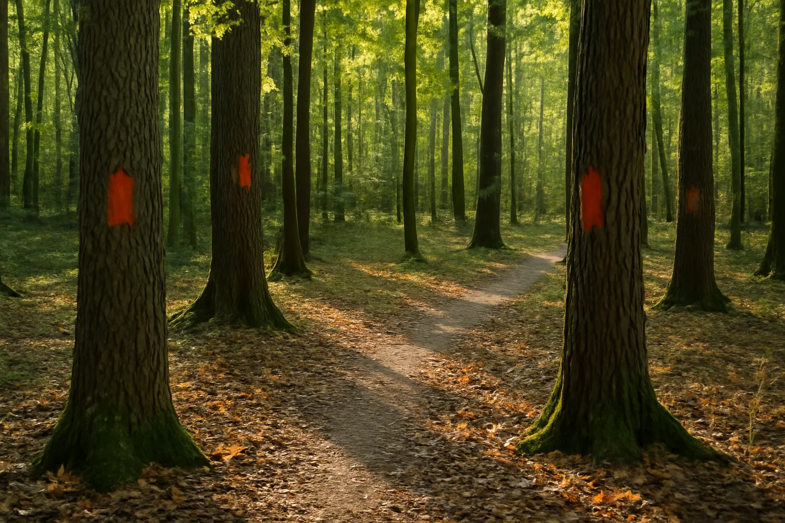 Marked timber standing in a managed hardwood forest with skid trail, illustrating timber sale preparation