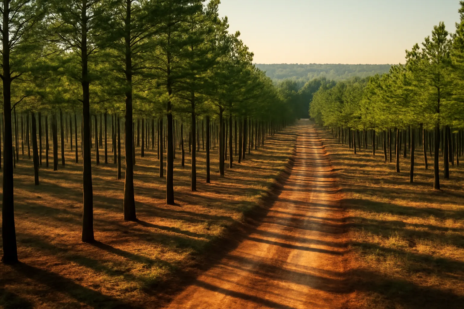 Georgia pine plantation with red clay soil and farm road at sunset