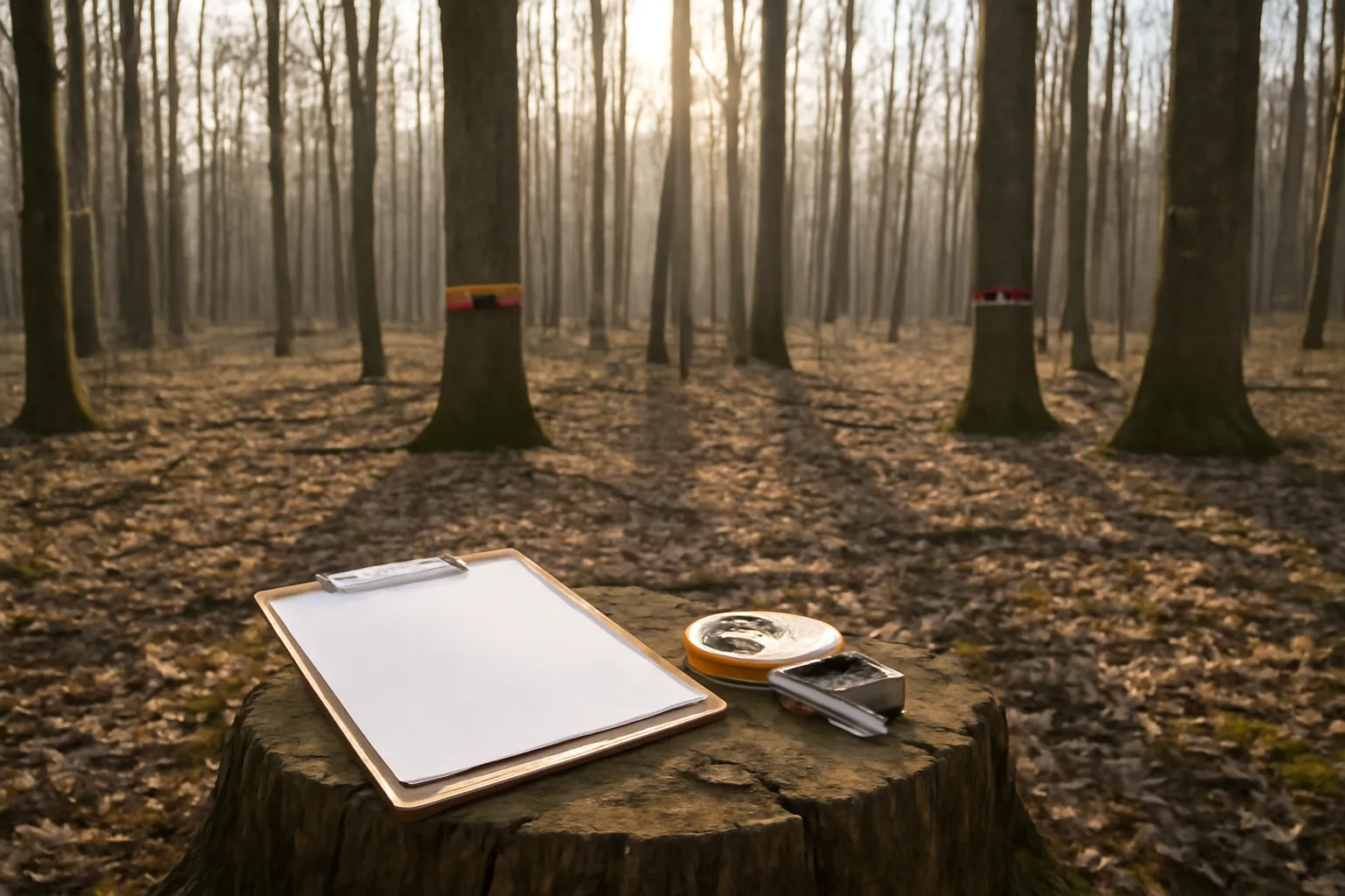 Forester's tools resting on a stump in a wooded timber stand at sunrise