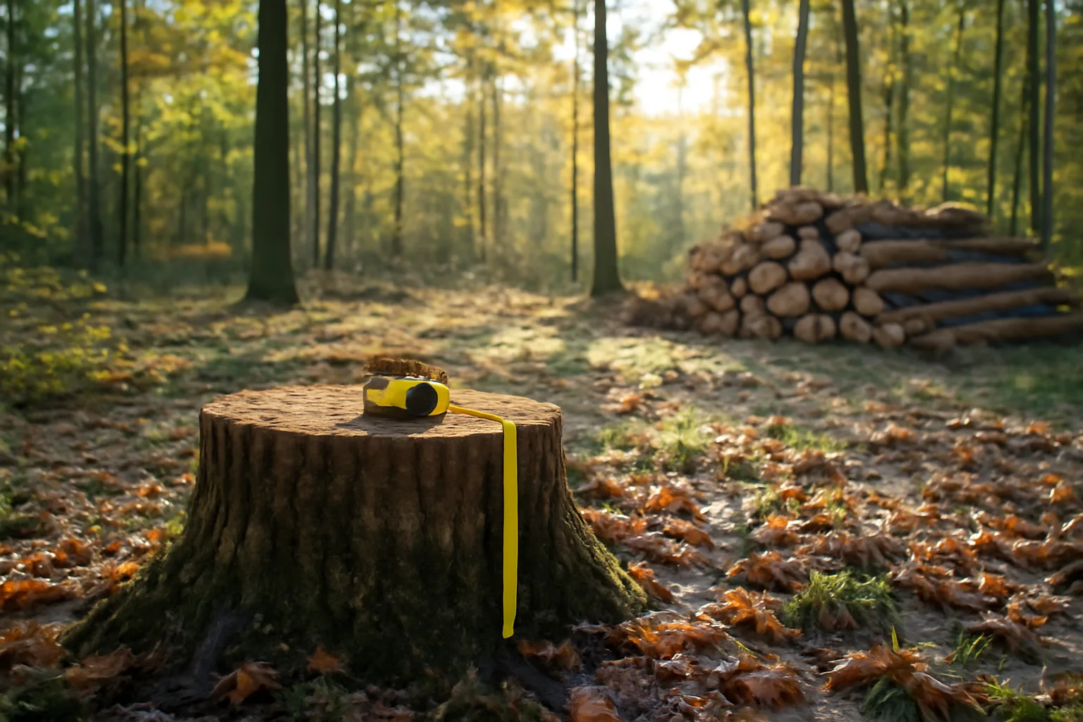 Sunlit woodlot landing with stacked cut logs after a selective timber harvest