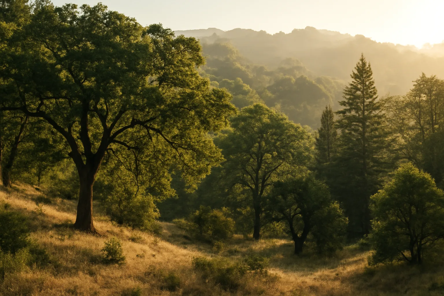 Oak and conifer forest in Woodland Hills foothill terrain, California